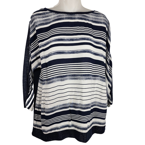 Chicos Zenergy Women Top Size 1 Medium Blue Multi Stripe 3/4 Dolman Sleeve Sheer - Picture 1 of 10